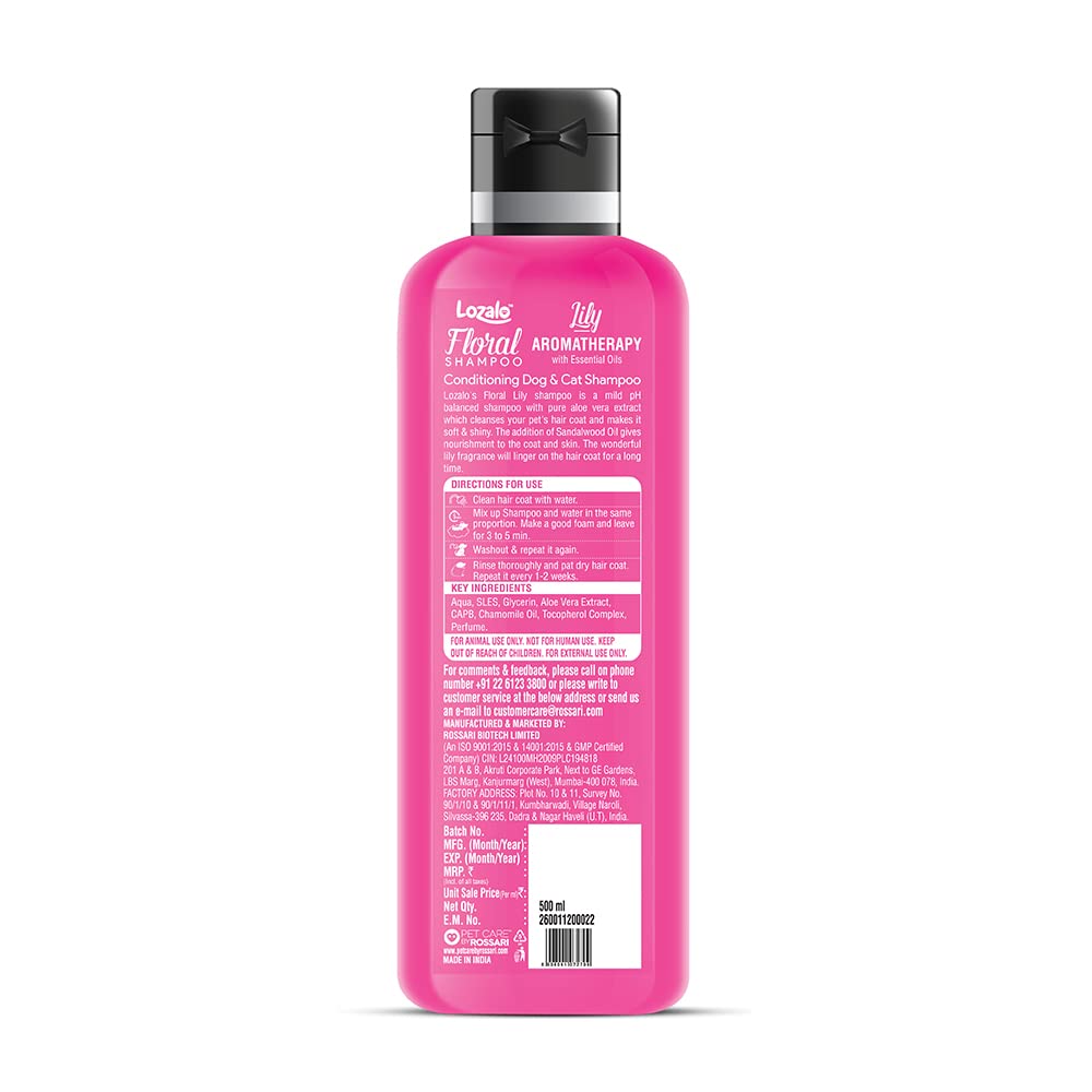 Lozalo Floral Aromatherapy Pet Conditioning Shampoo - 500 ml, Pack of 2x250 ml, Lily Fragrance, Coat Cleansing, Odour Control Shampoo for Dogs & Cats, with Aloe Vera Extract and Saffron Oil