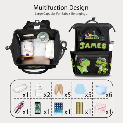 Image of Personalized Dinosaur Diaper-Backpack Baby-Gifts Large Nappy-Bag | Customized Diaper-Bag as Gifts for New Mom Dad Parents Waterproof Mommy-Bag Black Baby Travel Backpack