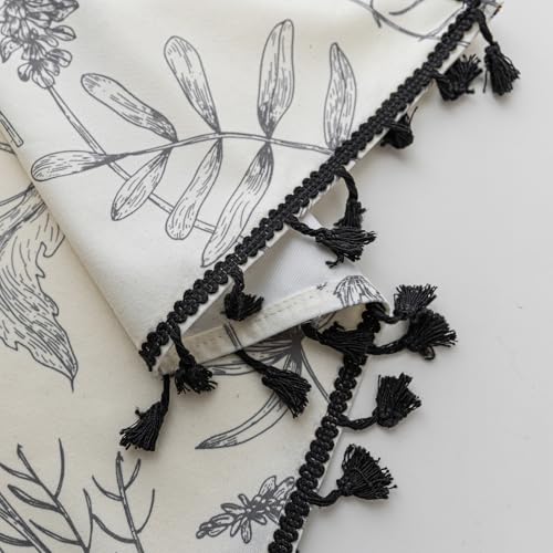 Image of Black Floral Curtains 84 Inches Long, Boho Farmhouse Light Filtering Rod Pocket Drapes with Tassel Trim for Bedroom Living Room, 2 Panels