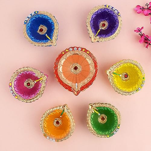 SATVIK 7 Pc (6+1) Designer Multicolor Clay Diya Earthen Diya Terracotta Dia Traditional Puja Vilakku Oil Lamp Natural Mitti Welcome Diwali Deepawali Pooja Decor Indian Housewarming Gift Items - Image 4