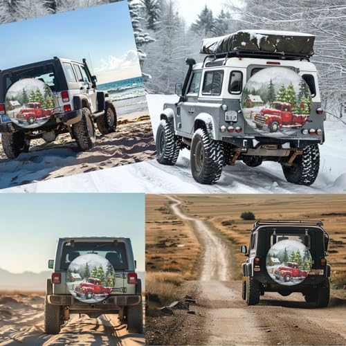 Image of Watercolor Christmas Red Truck Spare Tire Cover for Rv Trailer Camper- Cute Xmas Winter Waterproof Wheel Protectors Cover Universal Fit for Truck SUV Travel New Year Outdoor-14 inch
