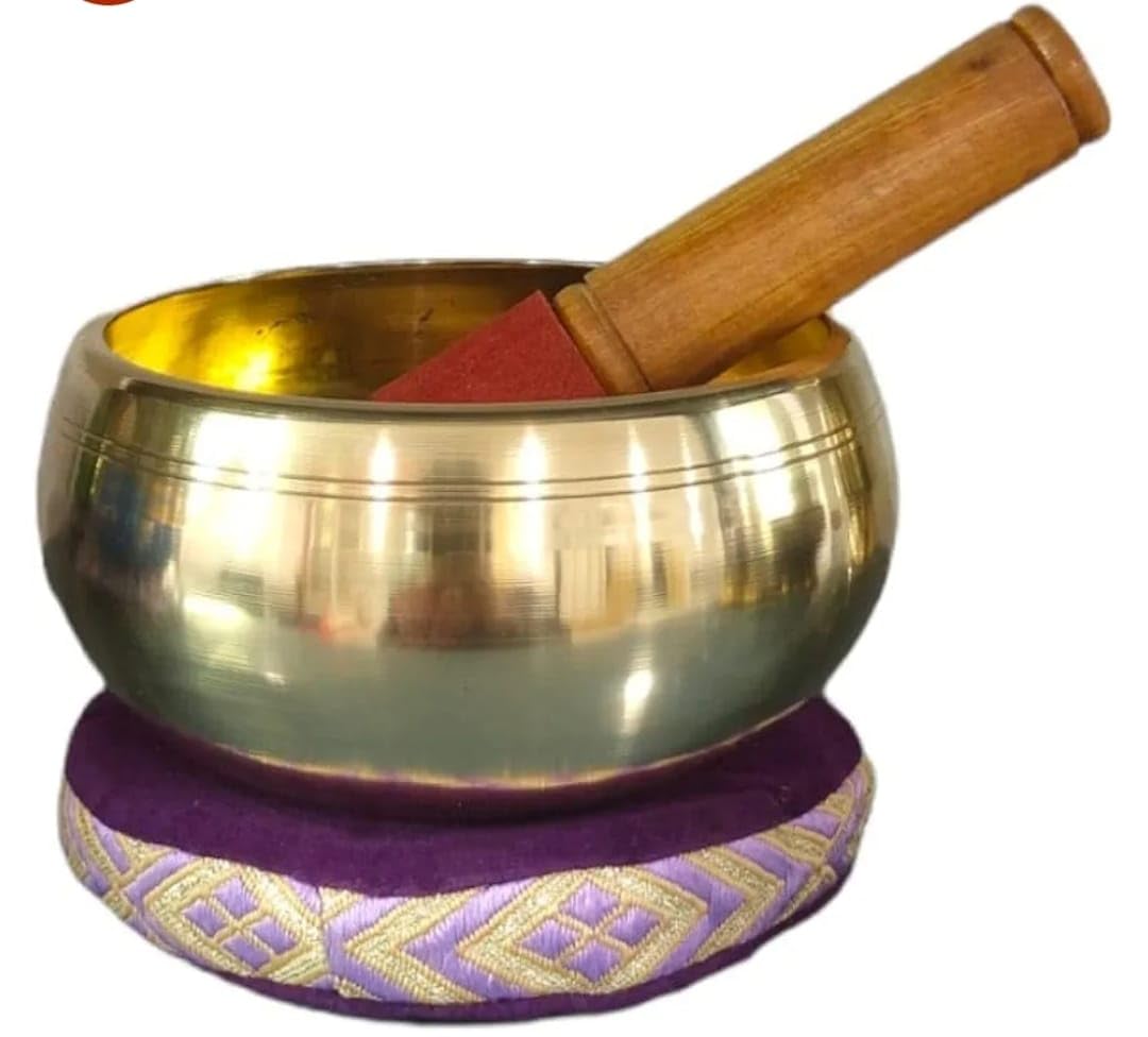 5 Inch Handmade Brass Singing Bowl, Tibetan Buddhist Prayer Instrument, With Wooden Stick, Cushion, For Meditation, Bowl Music Therapy, Musical Instrument, Golden