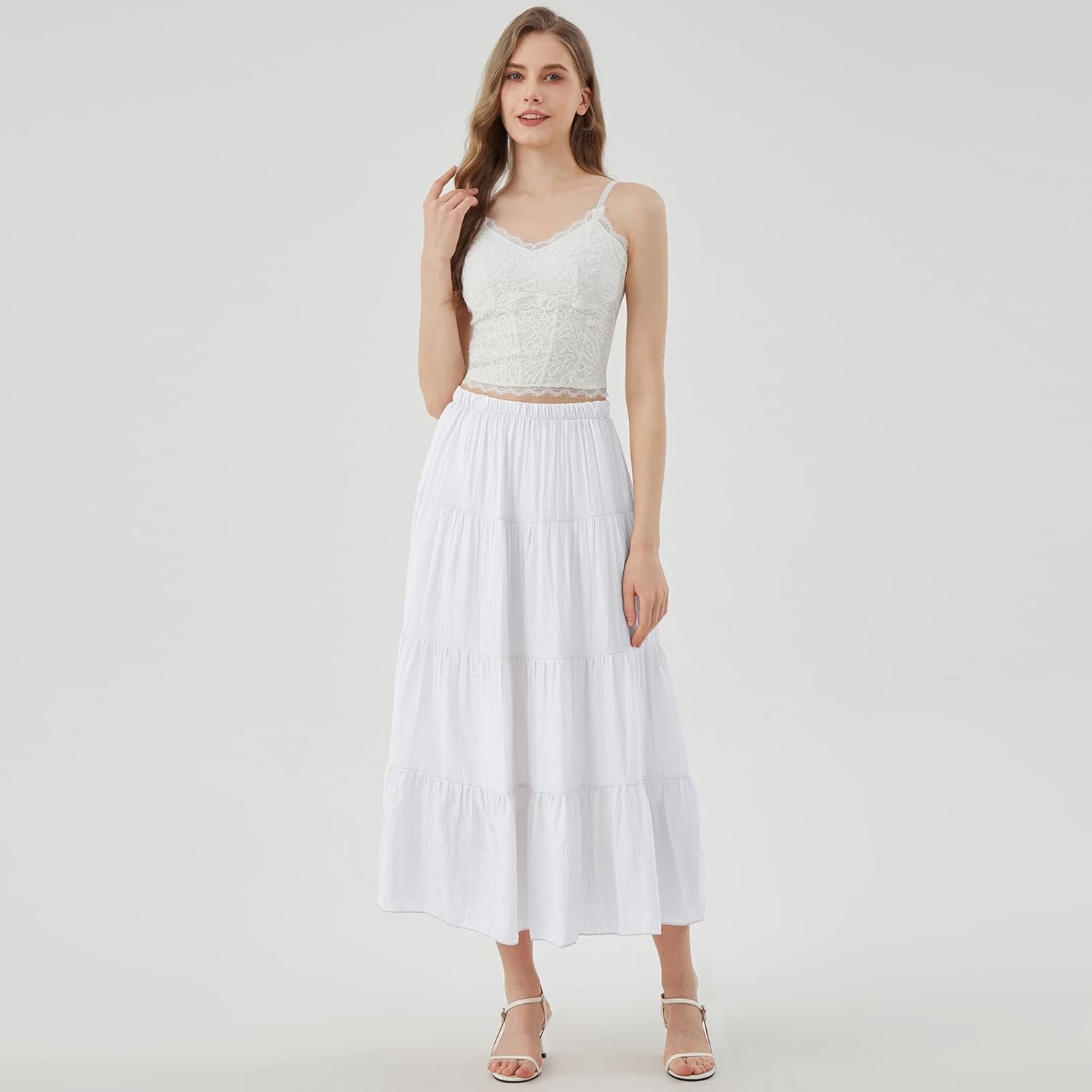 Women's Boho Maxi Skirt Summer Flowy Long Tiered A-Line Elastic High Waist Pleated Beach Skirt - Image 7