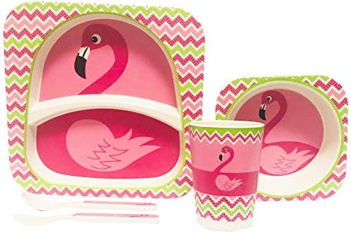 Natural Organic Bamboo Fibers Flamingo Design Children Dinner Kit, Kids Feeding Bamboo Tableware Cutlery Plates Bowls