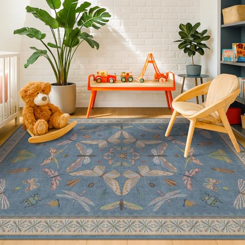 Image of Blue Washable Kids Playroom Rug - 5x7 Area Rugs for Nursery Baby Boy, Bedroom, Living Room, Toddler Boy Room Decor, Cute Animals Print Carpet, Super Soft Non Slip Stain Resistant