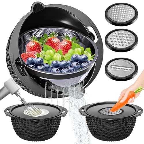 4-1 Colander with Bowl Set - Colander for Kitchen - Rotatable Strainers and Colanders(Patented) - Pasta Strainer - Bowl With Colander & New Upgraded Graters for Fruit Veggie, Kitchen Essentials, Black