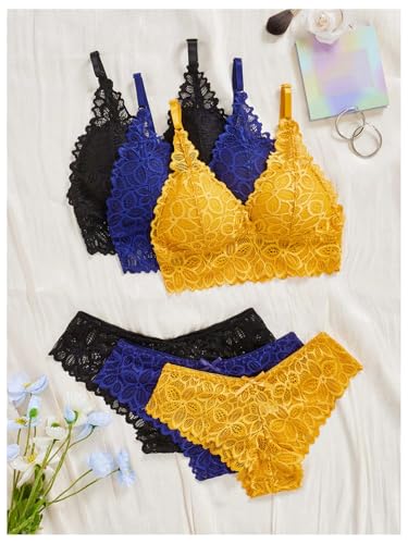 Image of Verdusa Women's Lingerie Sets 6 Piece Lace Bow Floral Underwear Bras Wireless Padded Bra and Panty Set