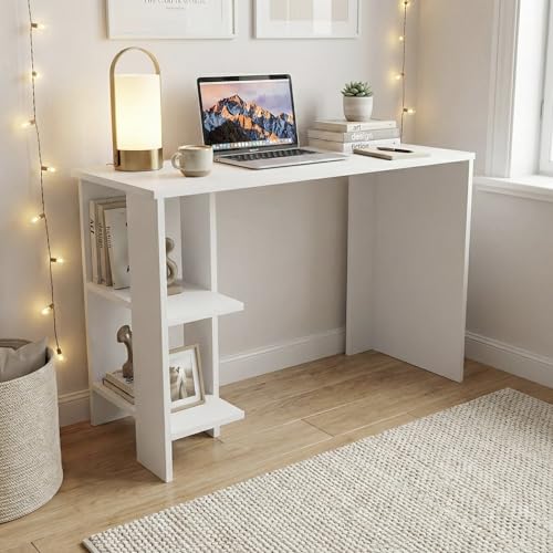 Image of Breeze Minimalist Study Table with 2-Tier Side Shelves, Modern White Computer Desk for Home Office & Students, 100x50x77cm (Arctic White)