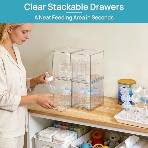 Image of Vtopmart 7.6 inch H Clear Stackable Storage Drawers, 4 Pack Plastic Organizers Bins for Skincare, Cosmetics,Beauty Supplies,Ideal for Vanity, Bathroom,Kitchen Countertop,Cabinet Organization