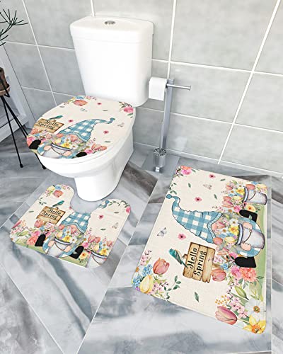 ARTtikke 3-teiliges Badezimmer-Teppich-Set mit Blumen-Zwergen, Frühlings-Leinenmaserung, Badematten-Set, superweich… – Bild 3