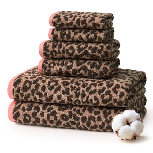 REDKISS Leopard Print Towel Set of 6 100% Cotton Bathroom Towels Quick Dry & Absorbent 2 Bath Towel 2 Hand Towel 2 Washcloth-Dark Brown