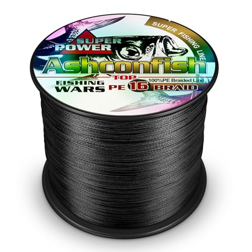 Ashconfish Hilo de pesca trenzado, 16 hebras, núcleo hueco, 300 m/328 yardas, 60 libras resistente a la abrasión, increíble superlínea sin estiramiento, diámetro ultrafino, hilo tejido negro