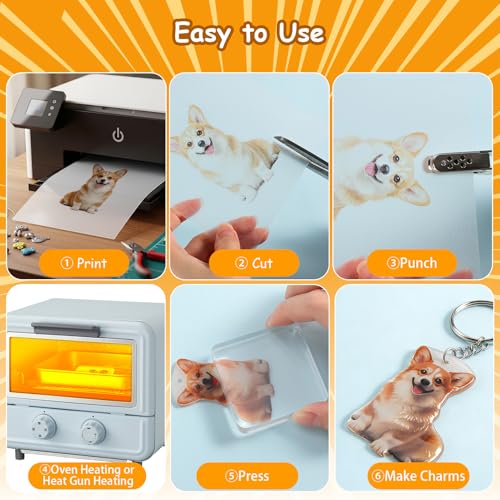 Image of Auihiay Printable Shrink Sheets Dink Kit, 12PCS Semitransparent Shrink Papers with Key Rings, Earring, Lanyards, Hole Punch Accessories for Fathers Day, DIY Keychain Making Crafts (8.5 x 11 inch)