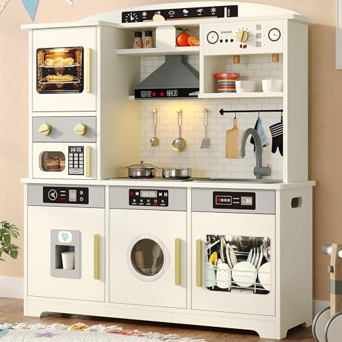 Play Kitchen for Kids, Wooden Toy Kitchen Set with Plenty of Play Features & Accessories, Toddler Kitchen Playset, Pretend Play Kitchen, Gift for Ages 3+