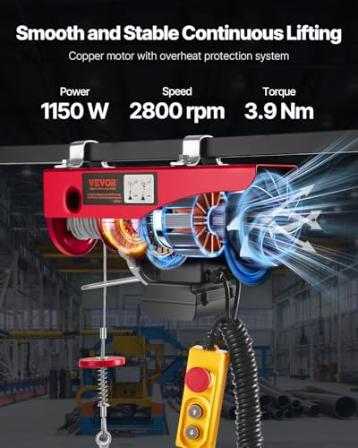 VEVOR Electric Hoist with Remote Control, 1320LBS Electric Winch, 110V Electric Hoist with 14ft Wired Control for Lifting in Factories, Warehouses, Construction Site, Attic