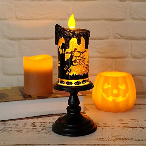 Image of Halloween Flameless Candle Snow Globe Battery Operated with 6 Hour Timer, Yellow Light Bat Decal Water Tornado Lamp LED Candlestick Halloween Season Decor Gift 4 x 10 Inches