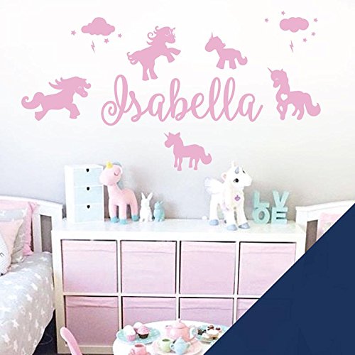 Unicorns, Stars & Clouds - Personalised Name Girls Wall Art Sticker [Large] [Cobalt]
