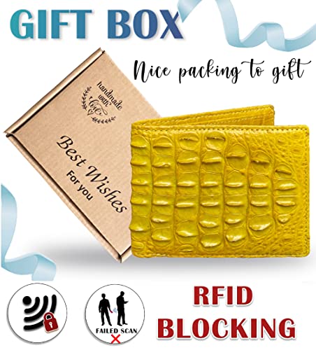 Image of HATA Yellow Exotic Bifold Leather Wallet for Men, RFID Blocking Wallet with ID Window and Credit Card Holder, Handmade Billfold Leather Wallet Men, Gift for Birthday, Father's Day VINAM-108