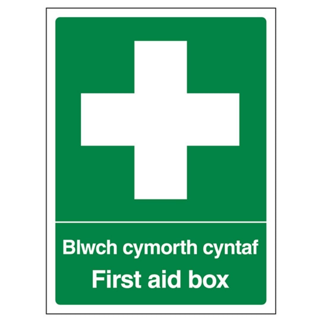 V Safety Welsh/English - First Aid Box - Portrait 200 x 300mm - 1mm Rigid Plastic Safety Sign