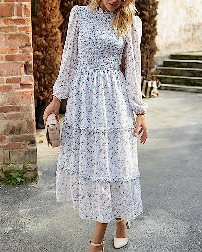 Image of NOLLSOM Women 2026 Spring Dress Floral Boho Dress Casual Long Sleeve Crew Neck Ruffle A-Line Flowy Wedding Guest Maxi Dresses