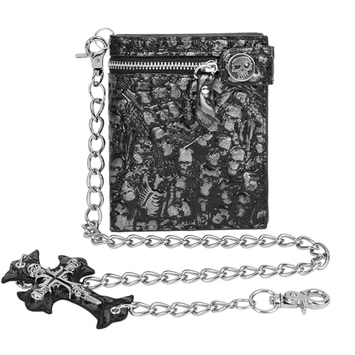 Unisex Gothic Punk Skull Chain Wallet - Bifold Faux Leather, Halloween Goth Accessories - Silver