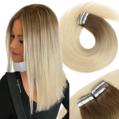 VeSunny Ombre Tape in Hair Extensions Human Hair Blonde Balayage 16inch Tape in Skin Weft Color #6 Fading to #613 Blonde Remy Human Hair Tape Extensions 20 Pieces 50g