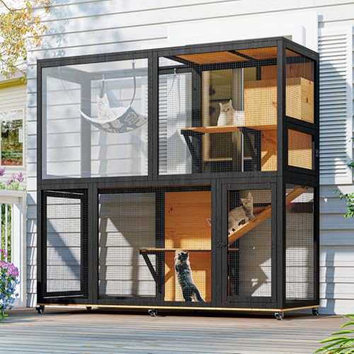 TIMHAKA Large Catio with Wheels, 4 Tier Cat Enclosures House for Outdoor Sunbathing, Multi-Feature Indoor Wooden Kitty Cage for Patio with 4 Access Doors, Black and Yellow