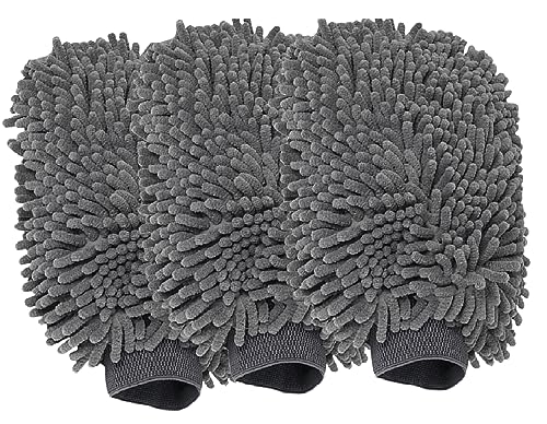 Image of Auto Hub Chenille Microfiber Wash Mitt, Car Cleaning Gloves with Thick Plush, Ultra Soft Strands, Scratch Free and Water Absorbent Microfiber Gloves for Car & Bike Washing Pack of 3