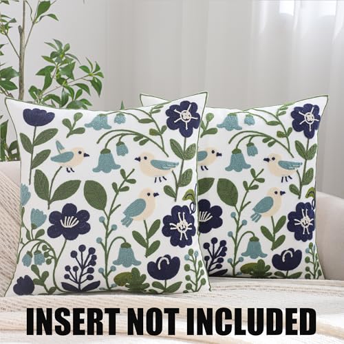 Housses de coussin brodées feuilles vertes oiseau 45,7 cm