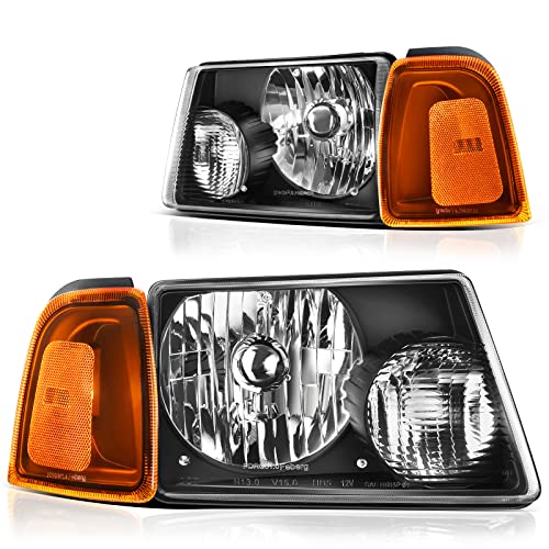 DWVO Headlight Assembly Compatible with 2001-2011 Ford Ranger Headlamp+Corner light Black Housing Clear Lens Amber Reflector