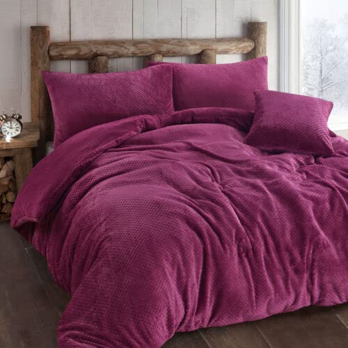 Laam linen Luxury Teddy Fleece Wave Waffle Duvet cover Set Quilt Cover Warm Cosy Thermal Bedding Soft Teddy Bear Duvet (plum, Super King)