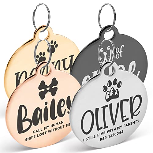 Engraved Pet ID Tags for Cats, Dogs - 4 Color & 5 Shape Options, Personalized w/ 20 Icons, Name, Address, Phone Number - Accessories for Four Legged Friends, Stainless Steel #Round - Silver