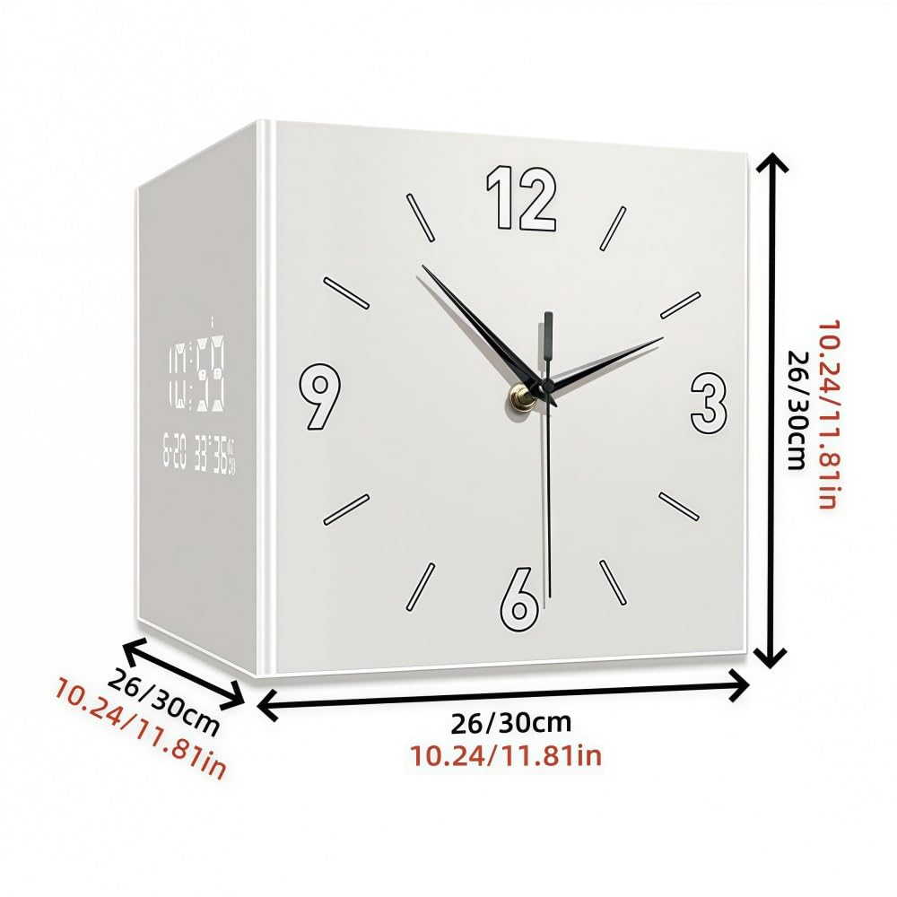Nowoczesny narożny zegar ścienny z podwójnym wyświetlaczem i cyfrowym zegarem LED z podświetleniem, cichy ruch, sześcienny design do domu (10,2 x 10,2")