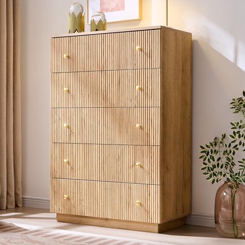 wow97e Fluted Dresser for Bedroom, 5 Drawer Dressers, Wood Tall Dresser Storage Organizer, Chest of Drawers with Deep Storage, Modern Bedroom Chest for Closet Hallway, Entryway, Living Room, Natural