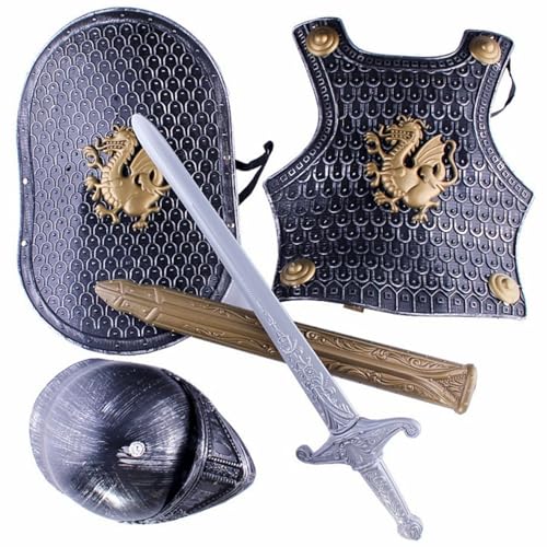Disfraz de caballero para niños 4 piezas/juego de armadura de caballero medieval con patrón de dragón, incluye casco, escudo, espada y armadura, disfraces para niños para juegos de rol, cosplay, .