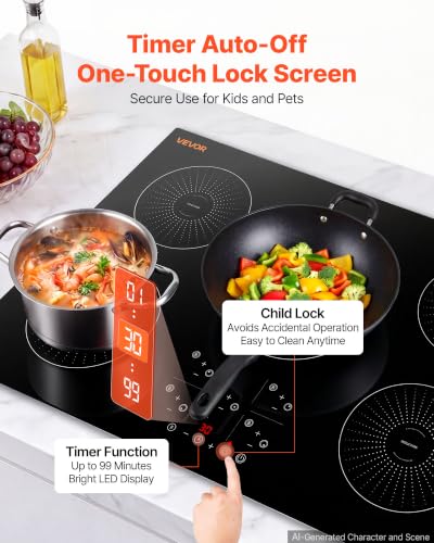 Image of VEVOR Electric Induction Cooktop 30In 5 Burners, Induction Cooktop, Built in Electric Stove Top,Touch & Independent Control, 9 Power Levels, Easy-Clean Ceramic Glass, Child Lock, 9200W, 220V No Plug