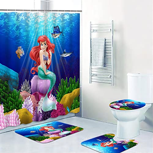 Wankam 4 Pcs Cute Shower Curtain Set Ocean Bath Curtain 72 X 72 Inch Polyester Fabric Waterproof Bathroom Curtain Toilet Mat Lid Rug For Girls Bathroom Wall Decor With 12 Hooks, Black6 #TOP1