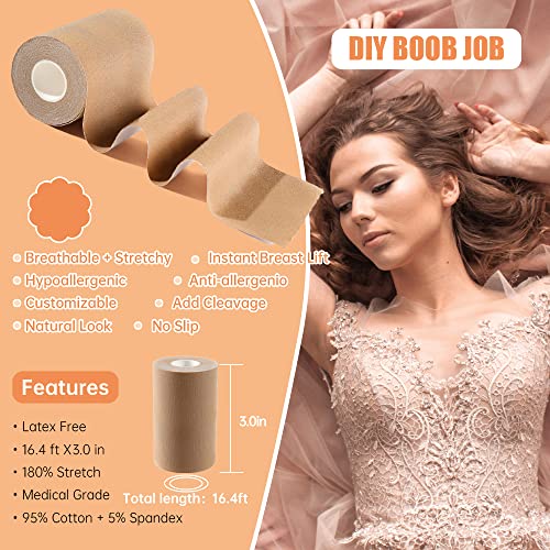 Cindy's Tape Boob Tape 3 inch Wide Plus Boobytape for Breast Lift Adhesive Bra Tape with Nipple Covers for Large Big DD Cup up Size,Body Tape for Chest Support,Waterproof.Push in All Dress2