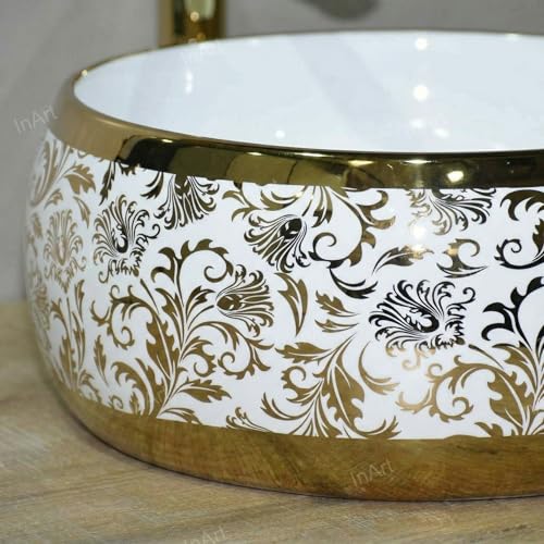 Image of InArt Designer Ceramic Wash Basin /Vessel Sink /Over or Above Counter Top Wash Basin for Bathroom Round Shape Golden White 16 x 16 x 6 Inch