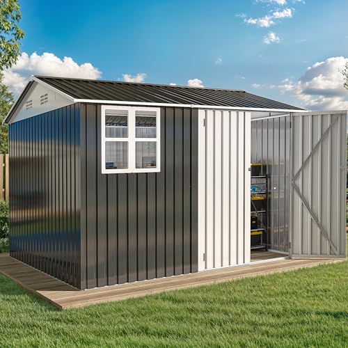 Image of DWVO 10x8ft Large Tool Storage Shed with Window, Lockable Doors, and Sloped Roof, Oversized Steel Outdoor Storage Shed for Garden, Patio, Garage, Backyard, Lawn - Gray & White