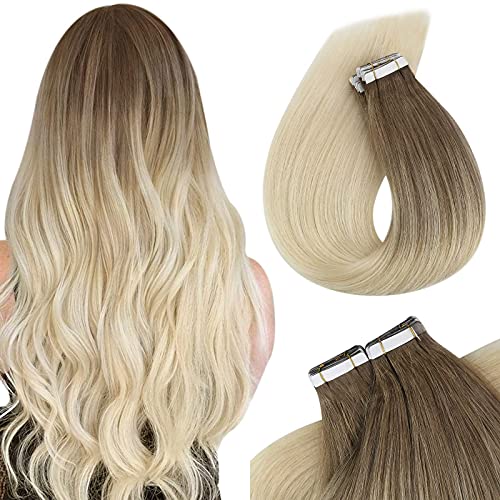 VeSunny Tape in Hair Extensions Human Hair Blonde Mixed Brown Balayage Real Human Hair Tape in Extensions White Blonde Ombre Seamless Hair Extensions Tape in Real Human Hair Blonde 18inch 20pcs 50g