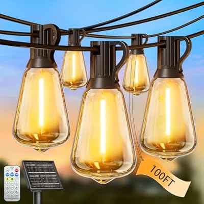 100FT Solar String Lights Outdoor Waterproof with Remote & Timer, LED Shatterproof ST38 Bulbs, USB & Solar Powered Patio Lights for Backyard, Porch, Garden, Wedding, Christmas Decor