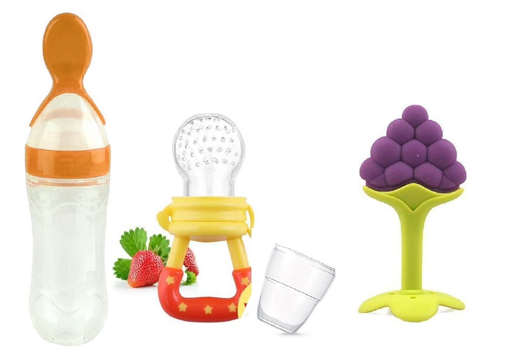 Infant Baby Silicone Nibbler For Fruit Feeder & Fruit Shape Silicone Teether For 6 To 12 Months Baby Combo,Assorted-image-1