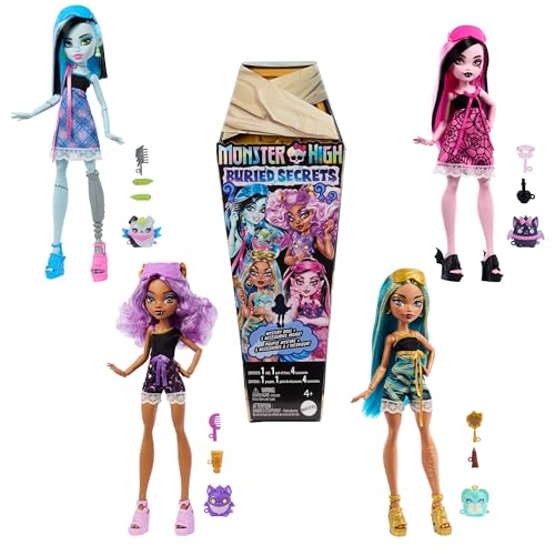 Monster High Buried-Secrets-Puppen und Zubehör, Halbjahresgraus-Thema mit geheimnisvoller Puppe und 5 Überraschungen beim Auspacken (Figuren können variieren.), HYV64