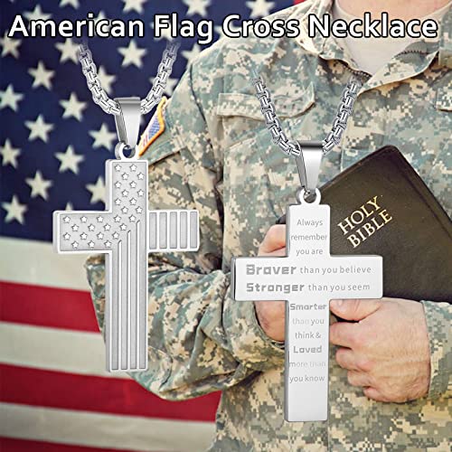 Hattidoris American Flag Cross Necklace For Men Personalized Bible Verse Cross Pendant Stainless Steel Chain 22+2 Inch Patriotic Jewelry Inspirational Christian Gift For Boys(S-Brave Strong) #TOP4