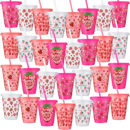 Sieral 30 Pcs Strawberry Cups with Straws and Lids 16 oz Cute Strawberry Cups Pink Clear Plastic Tumblers Reusable Iced Coffee Travel Mug for Sport Theme Party Supplies Decorations