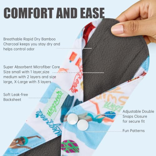 Image of wegreeco Reusable Menstrual Pads, Incontinence Sanitary Period Cloth Pads for Women, Reusable Washable Feminine Panty Liners Heavy Flow, Charcoal, 5 Pack, 1 Cloth Wet Bag (Large, Dynamic)