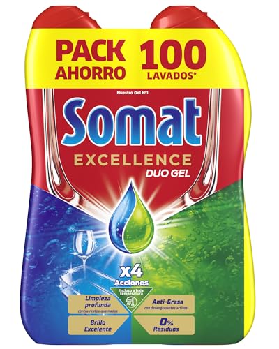Somat Excellence Gel Anti-Grasa, detergente lavavajillas desengrasante, líquido en botella 50x2, 100 lavados