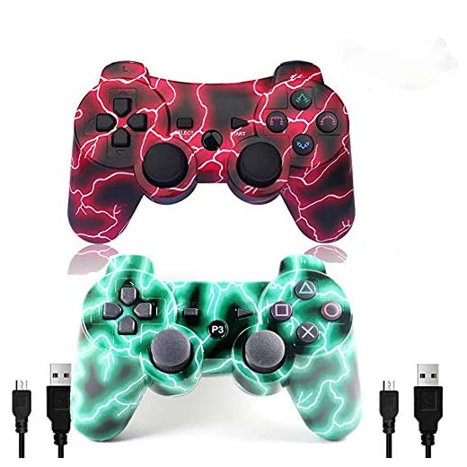 [2 Pack] Wireless Double Vibration Game Controller Bluetooth Sixaxis Gamepad Remote for PS3 Playstation 3 [Gift 2 Charging-Cable] (Red Lighting)