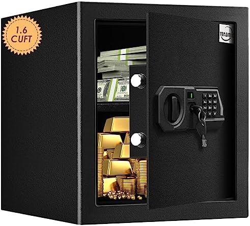 Tenamic Fireproof Safe Box 1.6 Cuft Electronic Digital Security Box, Keypad Medium Lock Box Cabinet Safes with Internal Light, Solid Alloy Steel Office Hotel Home Safe with 2 Passwords, Black
